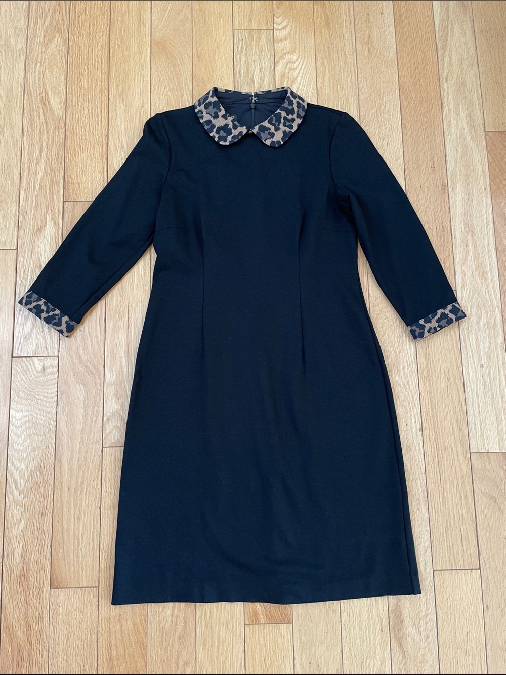Talbots Black Dress with Leopard-Print Collar and Cuff